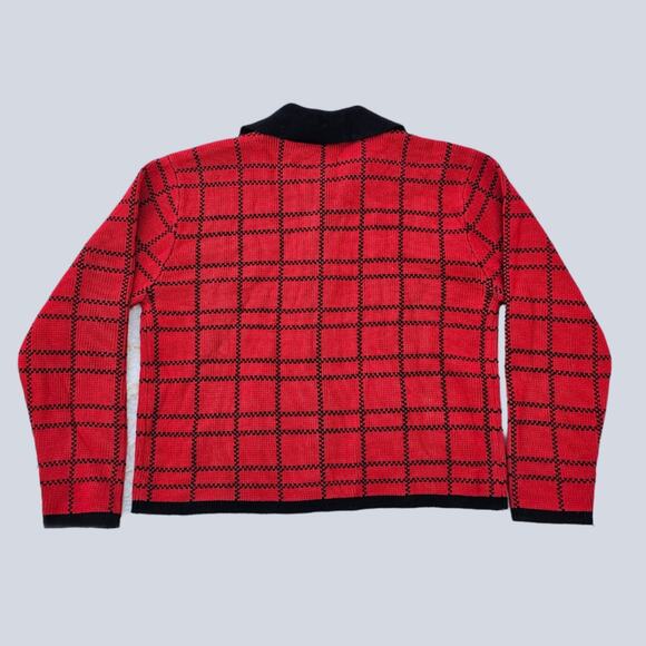 Scottie Dog Cardigan Petite Med Crystal Kobe Red Black Plaid PM Knit VTG Sweater - Picture 9 of 10
